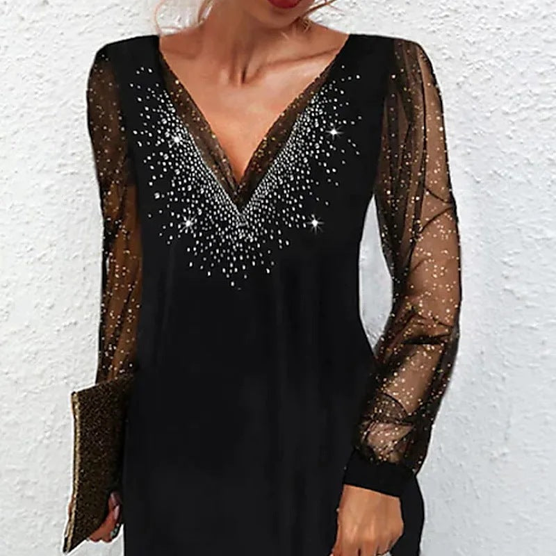 Damen elegantes Abendkleid mit glitzernden Akzenten und transparenten Ärmeln Heidi-Mode