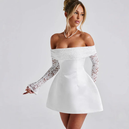 Damen Off-Shoulder Kleid mit floralen Spitzenärmeln und schwingendem Rock Heidi-Mode