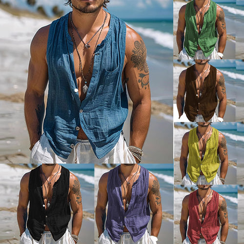 Herren Ärmelloses Hemd aus atmungsaktivem Leinen Heidi-Mode