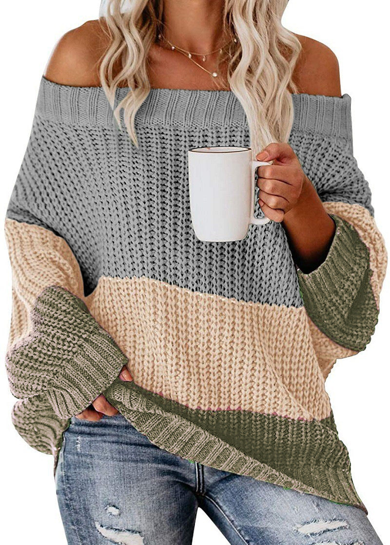 Damen lässiger Strickpullover mit weitem Ausschnitt und Farbblockdesign Heidi-Mode