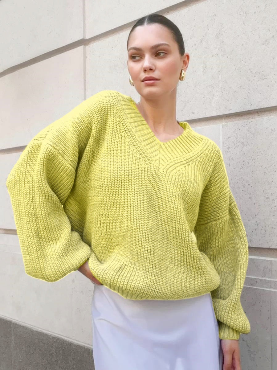 Damen V-Ausschnitt Strickpullover mit voluminösen Ärmeln und strukturierter Oberfläche Heidi-Mode