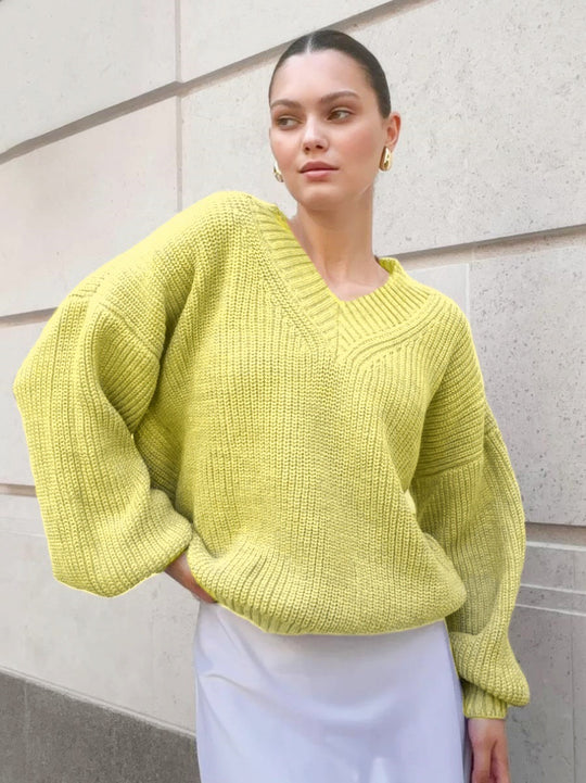 Damen V-Ausschnitt Strickpullover mit voluminösen Ärmeln und strukturierter Oberfläche Heidi-Mode