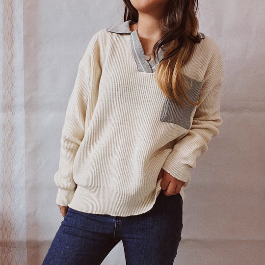 Damen lässiger V-Ausschnitt Pullover mit strukturiertem Rippdesign und kontrastierendem Kragen Heidi-Mode