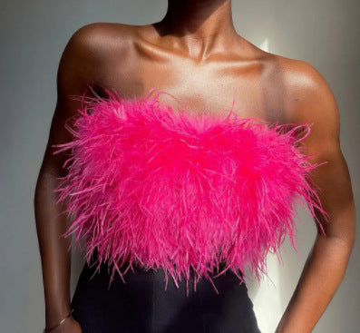 Damen Glamouröses Plüsch-Top mit abnehmbaren Trägern und fransigen Details Heidi-Mode