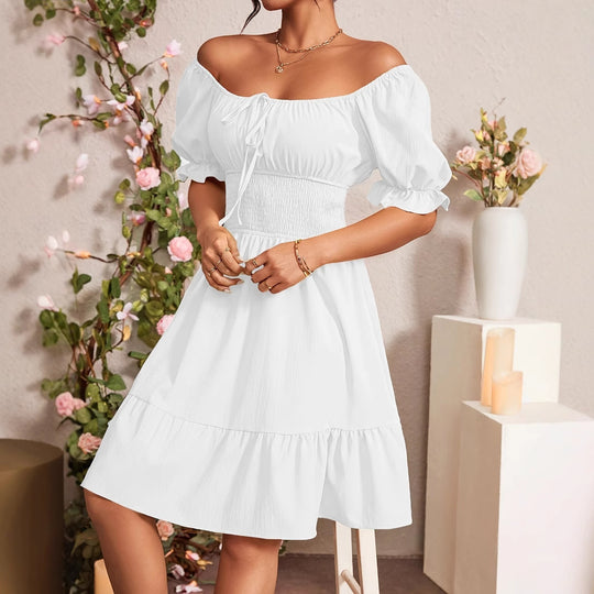 Damen Puffärmel Kleid mit elastischem Tailleneinsatz und Rüschensaum Heidi-Mode