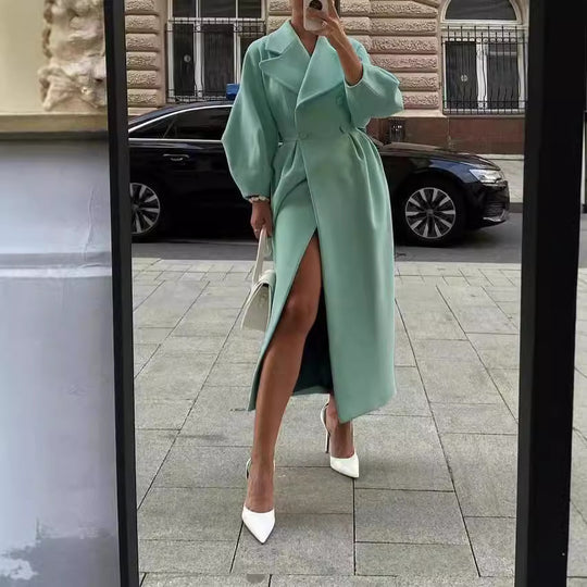Damen eleganter Trenchcoat mit hohem Schlitz und Puffärmeln Heidi-Mode