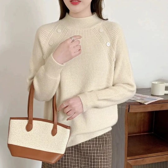 Damen Grobstrickpullover mit modernem Stehkragen und Knopfdetails Heidi-Mode