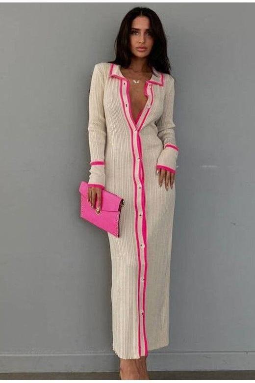 Heidi-Mode | Slim Revers Lang Strickjacke Kleid