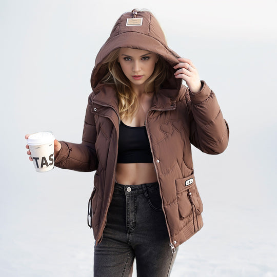 Damen gesteppte Winterjacke mit verstellbarem Kapuzenkragen und funktionalen Seitentaschen Heidi-Mode
