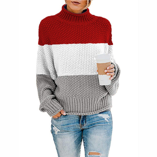 Damen Grobstrickpullover mit hohem Kragen und modischem Farbblockdesign Heidi-Mode