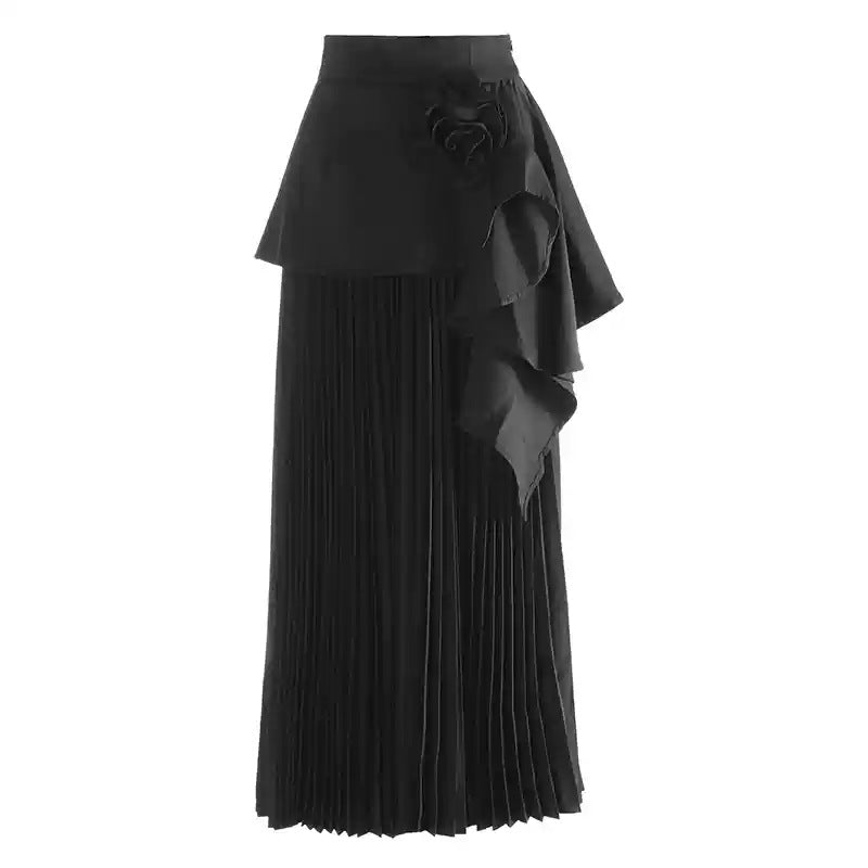 Damen Eleganter Maxi-Rock mit voluminösen Plisseefalten und dekorativem Blumenapplikation Heidi-Mode