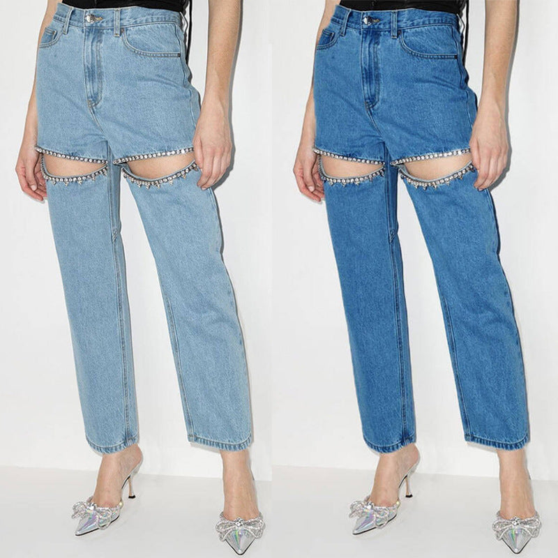 Damen Jeans mit dekorativen Cut-Outs und Strassverzierungen Heidi-Mode