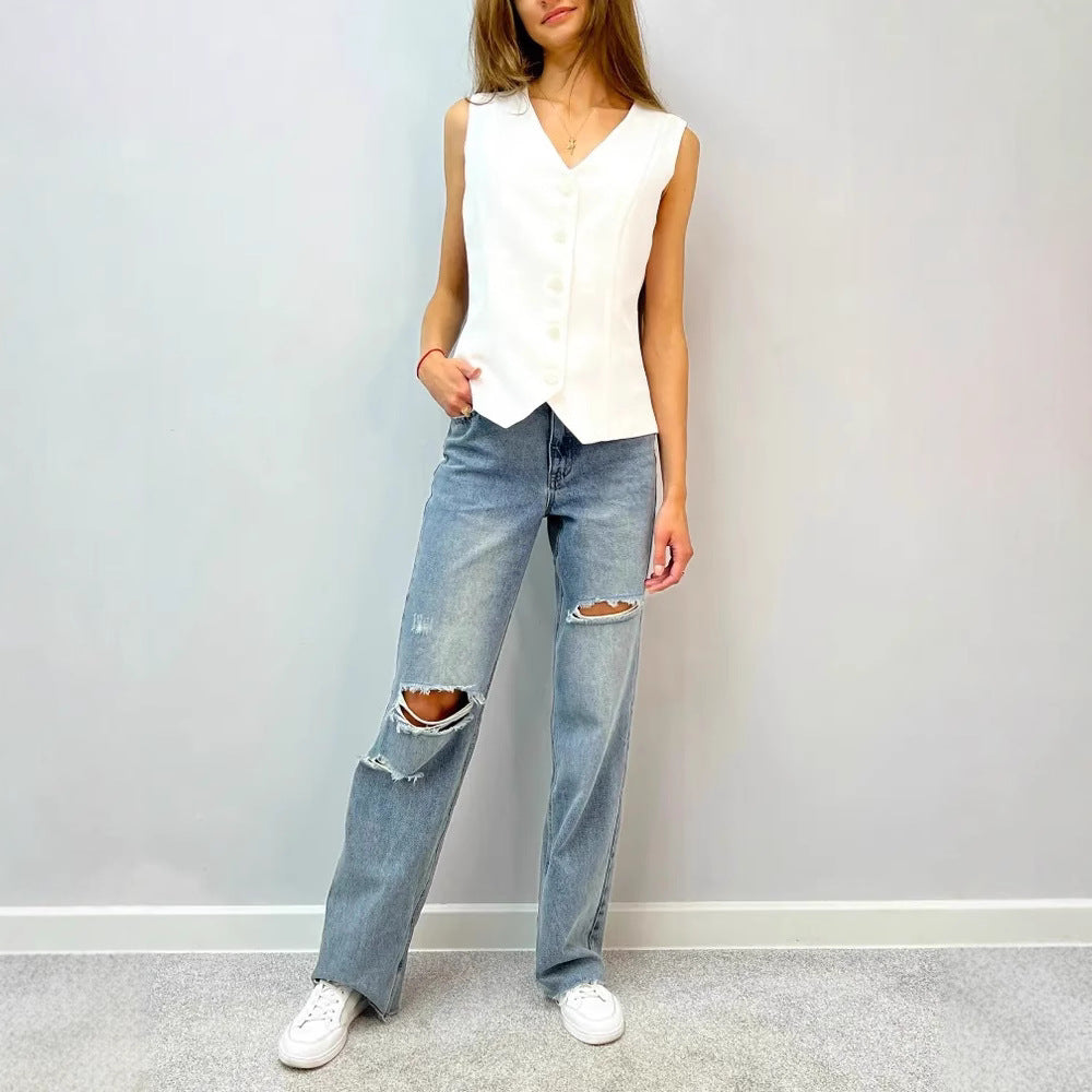 Damen ärmellose Bluse mit Knopfleiste Heidi-Mode