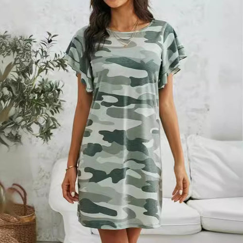 Damen Freizeitkleid mit Rüschendetails und Camouflage-Design Heidi-Mode