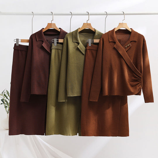 Damen elegantes Strickensemble mit Wickeloberteil und raffinierter hoher Taillierung Heidi-Mode