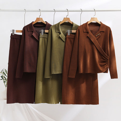 Damen elegantes Strickensemble mit Wickeloberteil und raffinierter hoher Taillierung Heidi-Mode