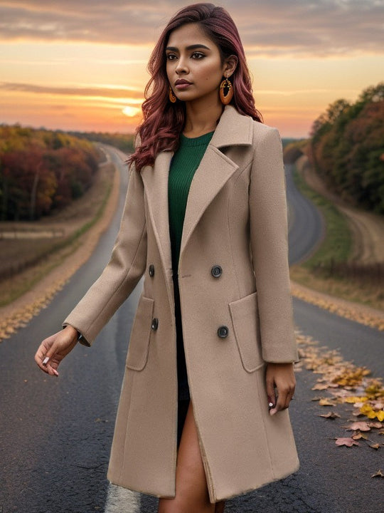Damen eleganter Wollmantel mit doppelter Knopfreihe und praktischen Taschen Heidi-Mode