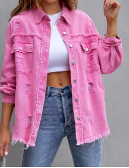 Damen Stylische Overshirt-Jacke mit fransigem Saum Heidi-Mode