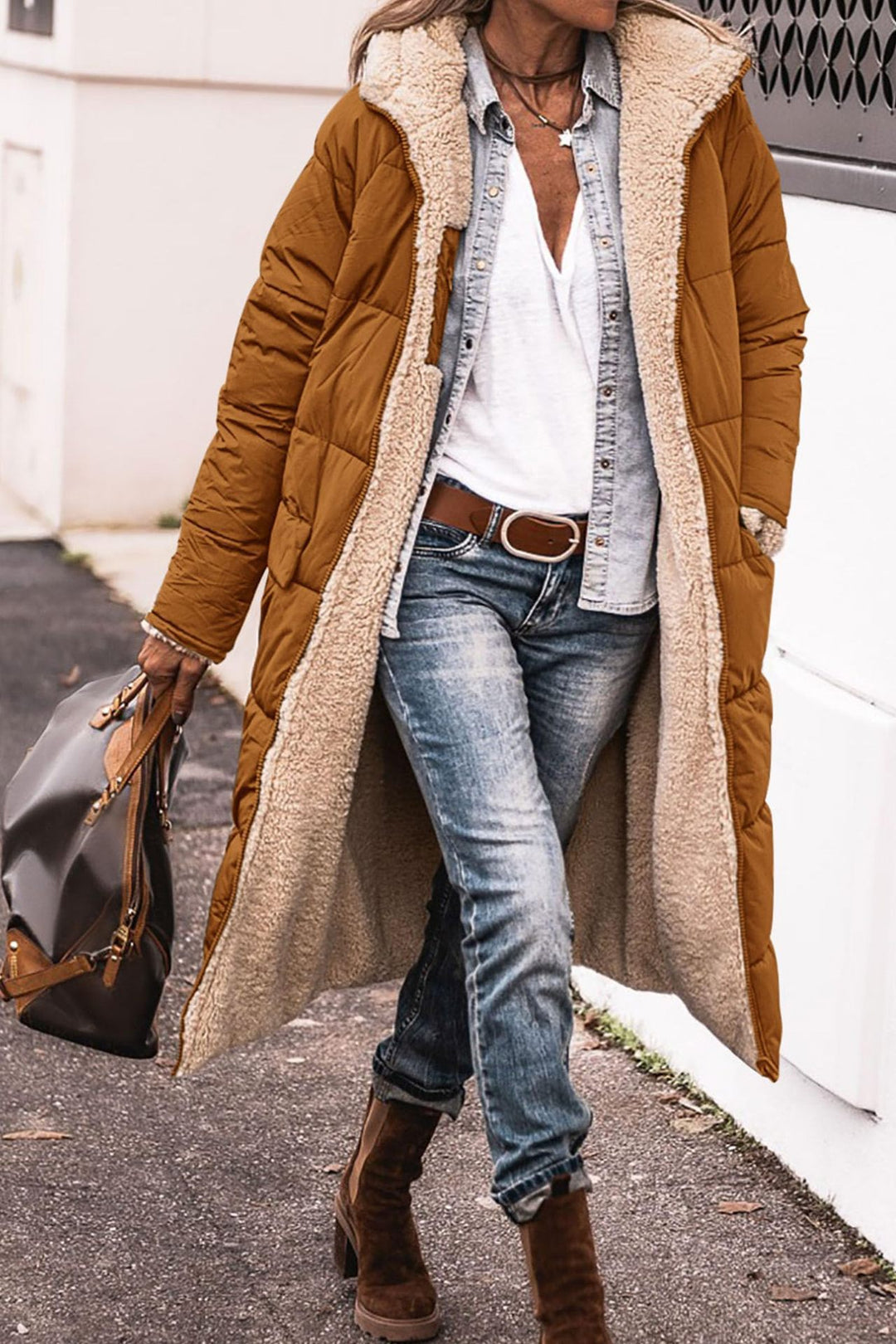 Damen lange Steppjacke mit kuscheligem Teddyfutter und großem Revers Heidi-Mode
