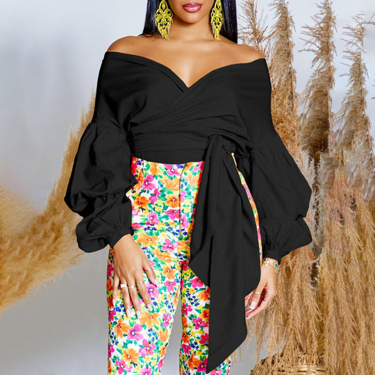Damen Wickelbluse mit voluminösen Ärmeln und eleganter Schleifenbindung Heidi-Mode
