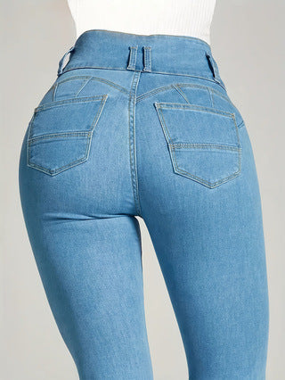 Damen Hochtaillierte Skinny Jeans mit modischem Knopfverschluss und dehnbarer Passform Heidi-Mode