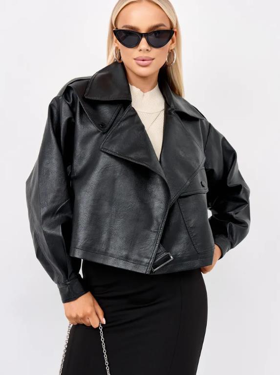 Damen Cropped Bikerjacke aus Kunstleder mit oversized Schnitt und strukturierten Details Heidi-Mode