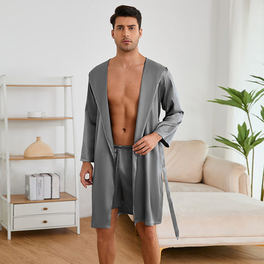 Herren Satin Bademantel mit praktischem Kapuzen-Design Heidi-Mode