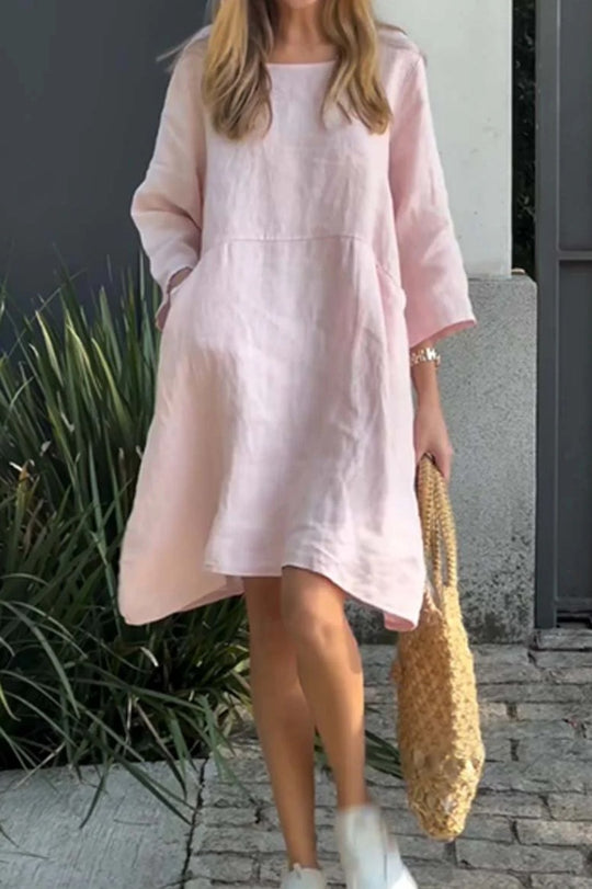 Damen lässiges Leinenkleid mit praktischen Taschen und asymmetrischem Saum Heidi-Mode