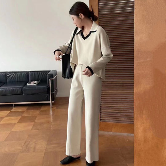 Damen elegantes und lässiges Strickensemble mit V-Ausschnitt und breitem Saum Heidi-Mode