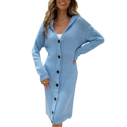 Damen Oversized Strickmantel mit Kapuze und Knopfverschluss Heidi-Mode