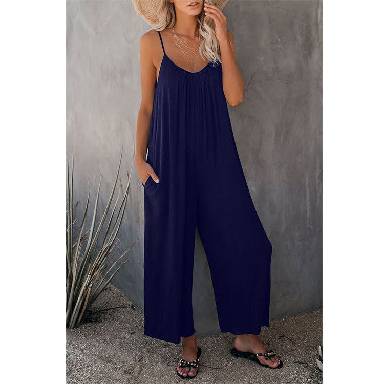 Damen Lässiger Sommer-Jumpsuit mit tiefem Ausschnitt und praktischen Taschen Heidi-Mode