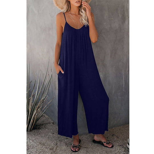 Damen Lässiger Sommer-Jumpsuit mit tiefem Ausschnitt und praktischen Taschen Heidi-Mode