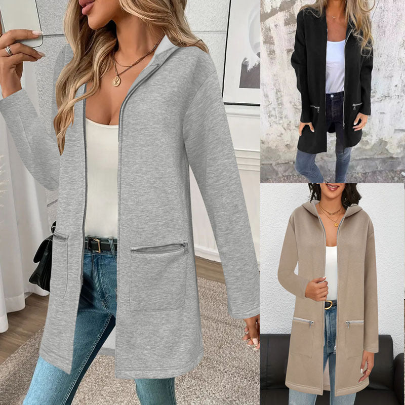 Damen Lange Strickjacke mit durchgehendem Reißverschluss und praktischen Taschen Heidi-Mode