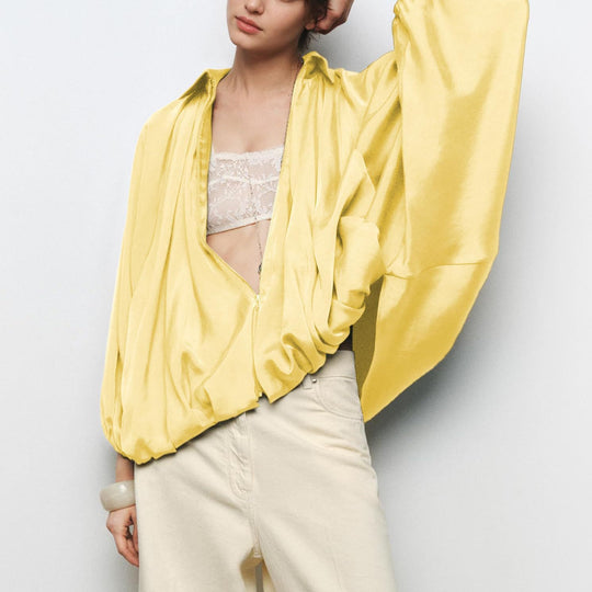 Damen Oversize Satinjacke mit Reißverschluss und elastischem Bündchen Heidi-Mode