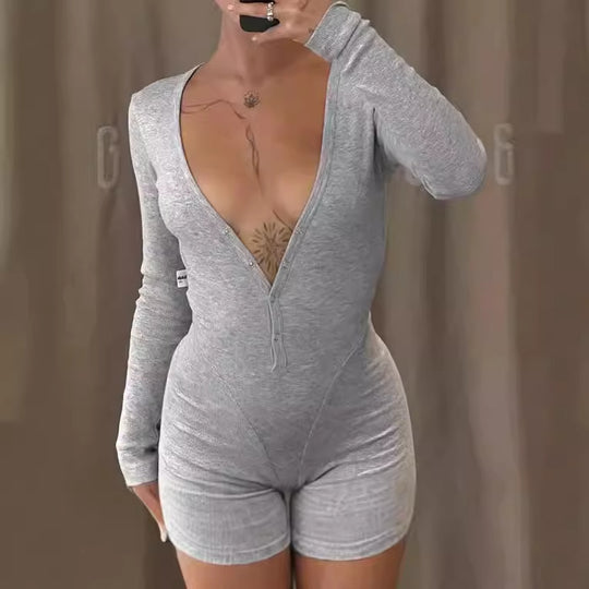 Damen Einteiler mit modernem Schnitt und Knopf-Detail Heidi-Mode