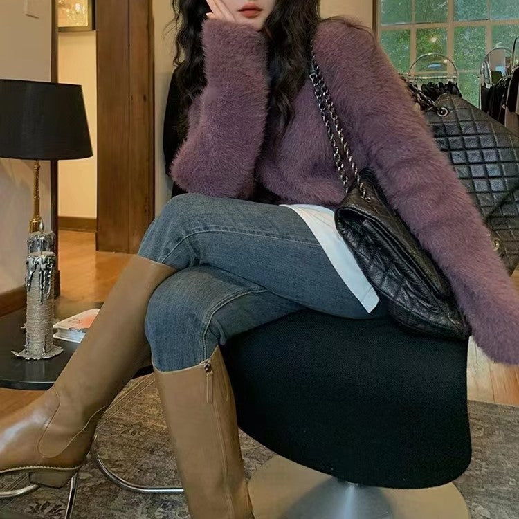 Damen Flauschiger Pullover mit lässigem Schnitt und hohem Rundhalsausschnitt Heidi-Mode