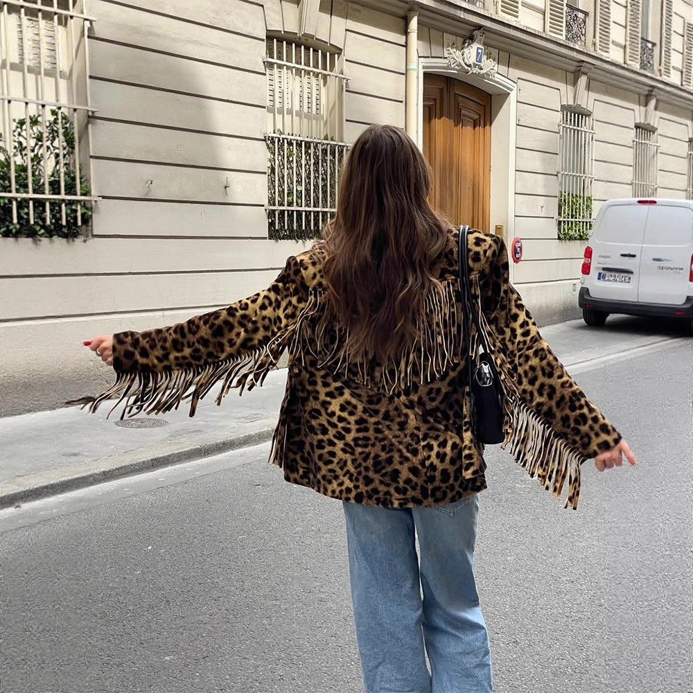 Damen Leoparden-Wildlederjacke mit Fransen und modischem Schnitt Heidi-Mode
