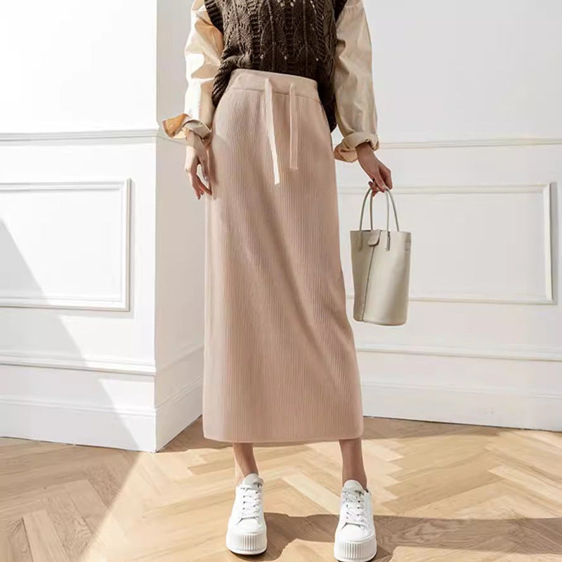 Damen Midi-Rock mit Taillenschnürung und geripptem Design Heidi-Mode