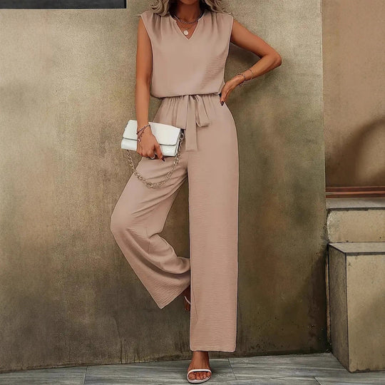 Damen Eleganter Jumpsuit mit V-Ausschnitt und Taillenknoten Heidi-Mode