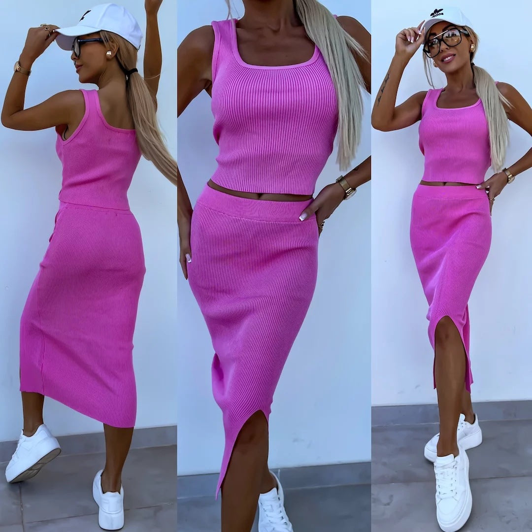 Damen modisches Strick-Set mit Crop-Top und Schlitzrock Heidi-Mode