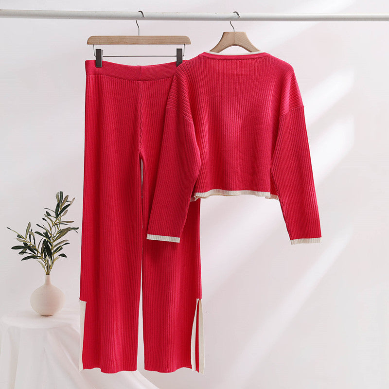 Damen lässiges Strickensemble mit hohem Bund und kontrastierenden Bündchen Heidi-Mode