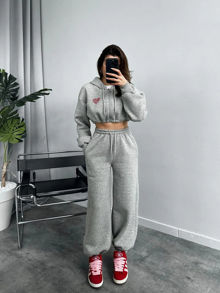 Damen lässiges Cropped Hoodie-Set mit weiten Jogginghosen Heidi-Mode