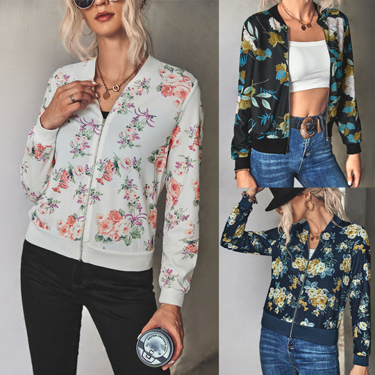 Damen Blütenmuster Freizeitjacke mit Reißverschluss und elastischen Bündchen Heidi-Mode