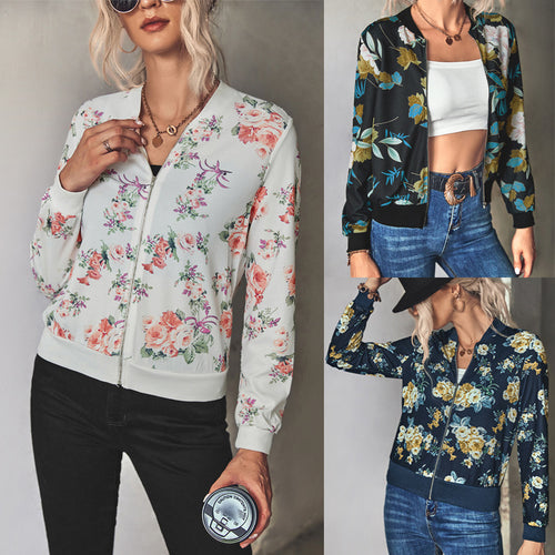 Damen Blütenmuster Freizeitjacke mit Reißverschluss und elastischen Bündchen Heidi-Mode