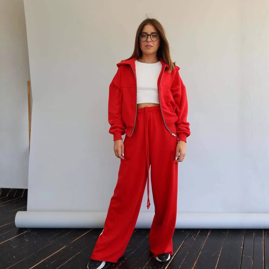 Damen Trendiges Sport-Lounge-Set mit cropped Sweatjacke und weit geschnittenen Jogginghosen Heidi-Mode