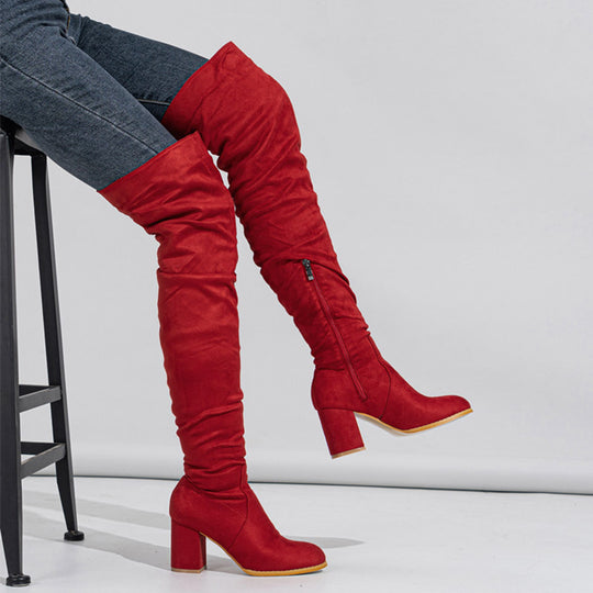 Damen Overknee Stiefel mit eleganter Raffung und plushigem Obermaterial Heidi-Mode