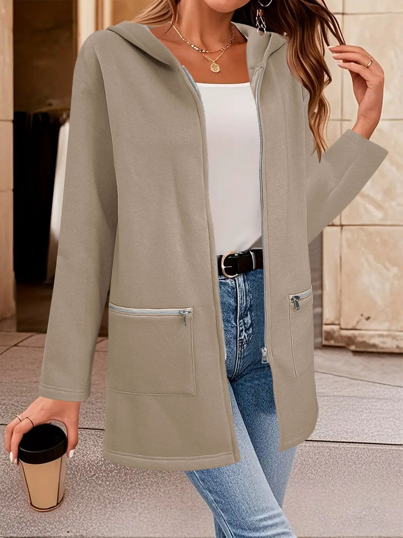 Damen Lange Strickjacke mit durchgehendem Reißverschluss und praktischen Taschen Heidi-Mode