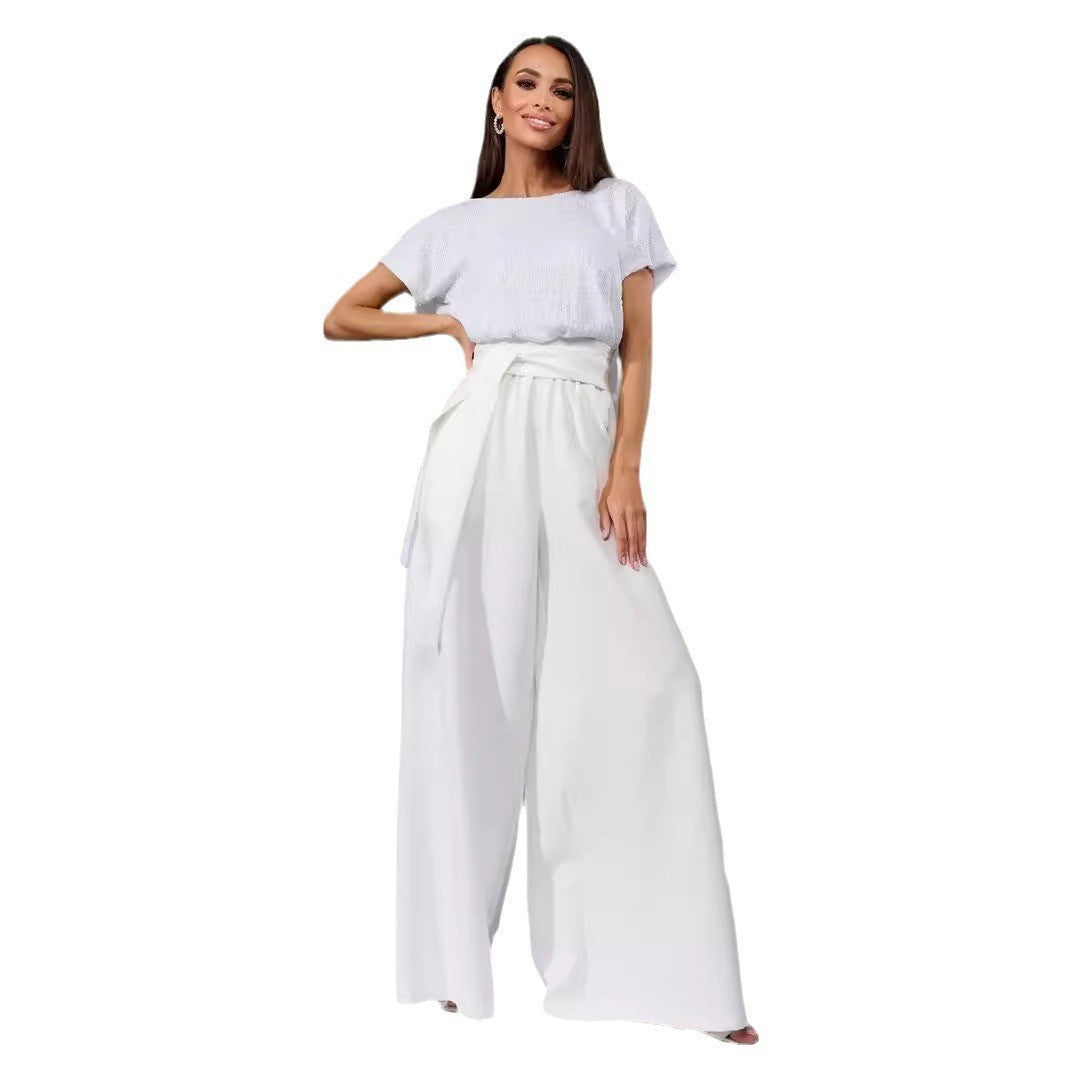 Damen Glitzernder Jumpsuit mit weitem Bein und Taillengürtel Heidi-Mode