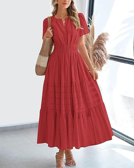 Damen Maxikleid mit modischem V-Ausschnitt und luftigen Rüschen Heidi-Mode