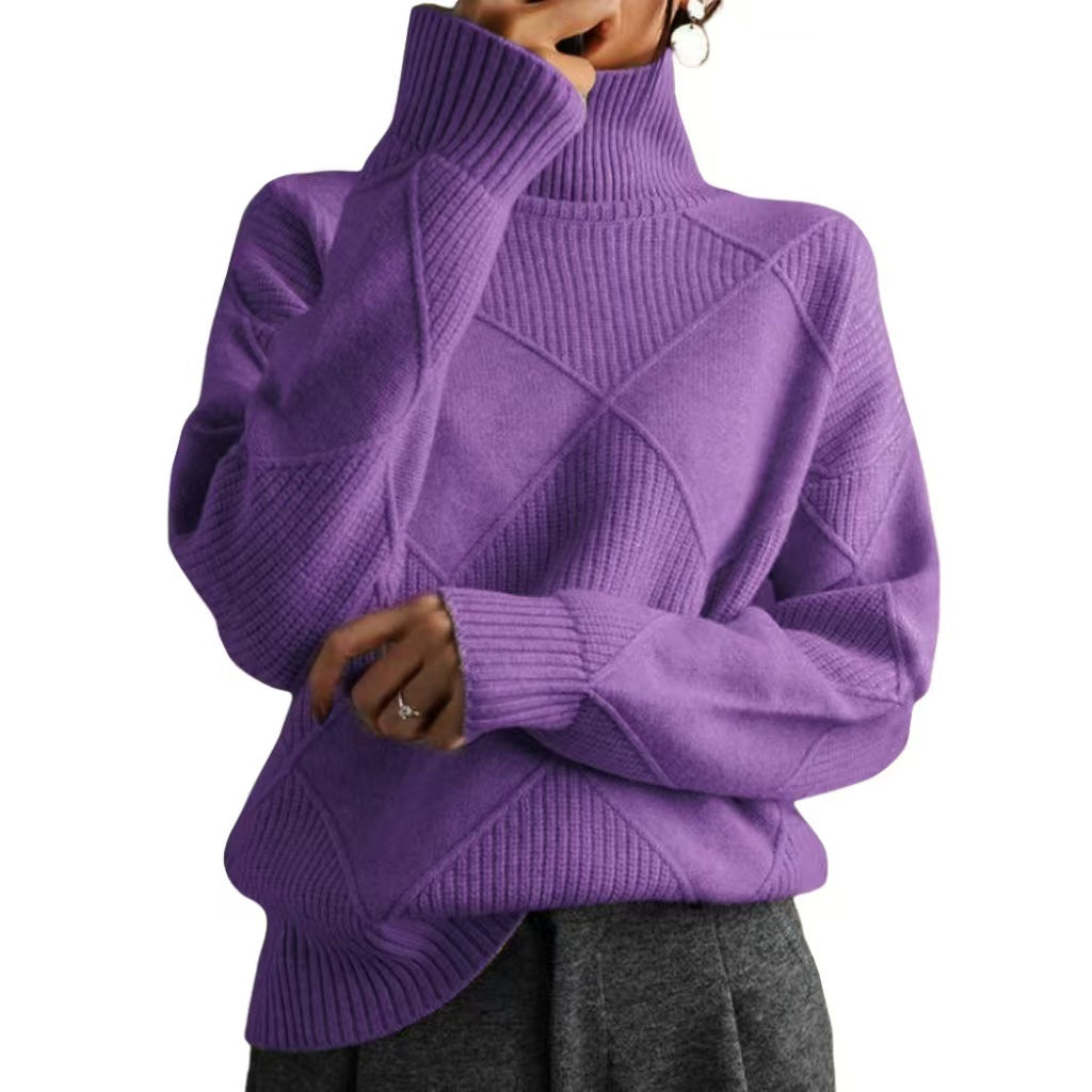 Damen hochwertiger Strickpullover mit stehendem Kragen und extravagantem Rautenmuster Heidi-Mode